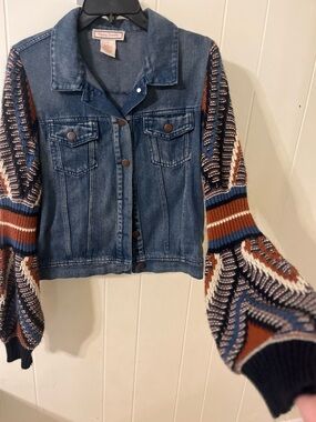 Flying Tomato Denim Jacket with Navy, Rust & Cream Crochet Sleeves